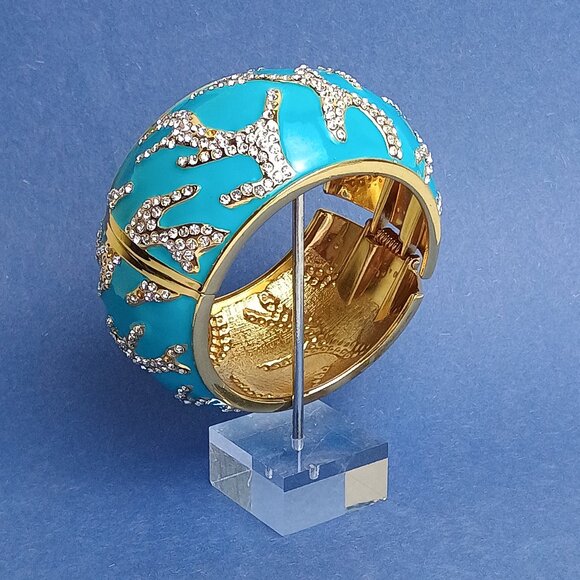 Coral Reef Pattern Glam Chunky Enamel Hinge Cuff Clamper Bracelet Turquoise - Picture 9 of 10